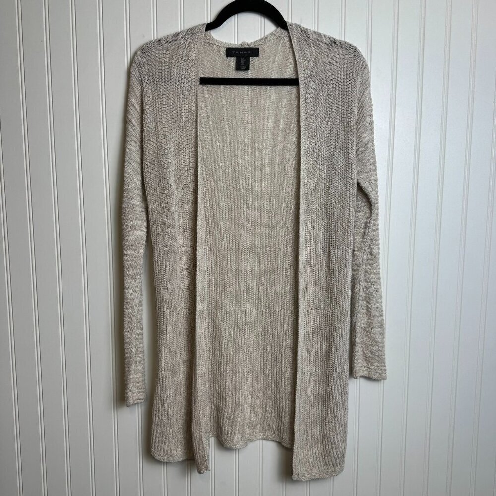 Tahari beige linen blend open front sweater cardigan size small K31